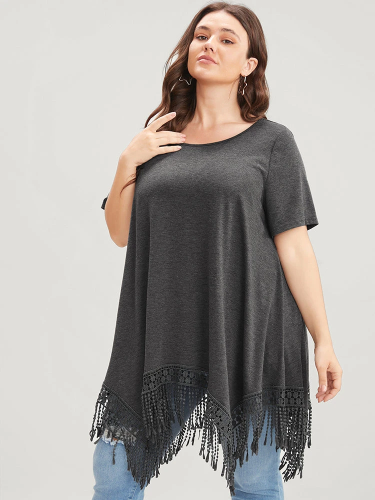 Solid Round Neck Lace Fringe Hem T-shirt 4 Solid Round Neck Lace Fringe Hem T-shirt - Image 2