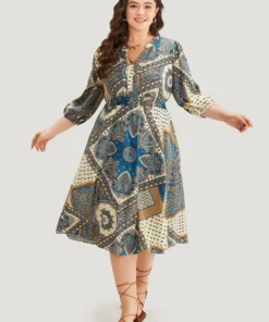Bandana Print Notched Lantern Sleeve Dress -Clothing Shop 498353801 ta