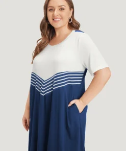 Striped Patchwork Flutter Colorblock Contrast Pocket Dress -Clothing Shop 498932219 vt