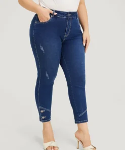 Very Stretchy High Rise Dark Wash Button Hem Jeans -Clothing Shop 49912146 pj