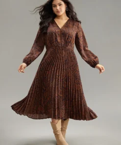 Boho Print Pleated Elastic Waist Wrap Dress -Clothing Shop 49988706 ax