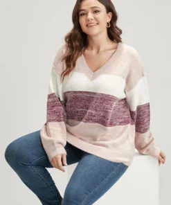Colorblock Contrast Super Soft Plush Knit V Neck Pullover