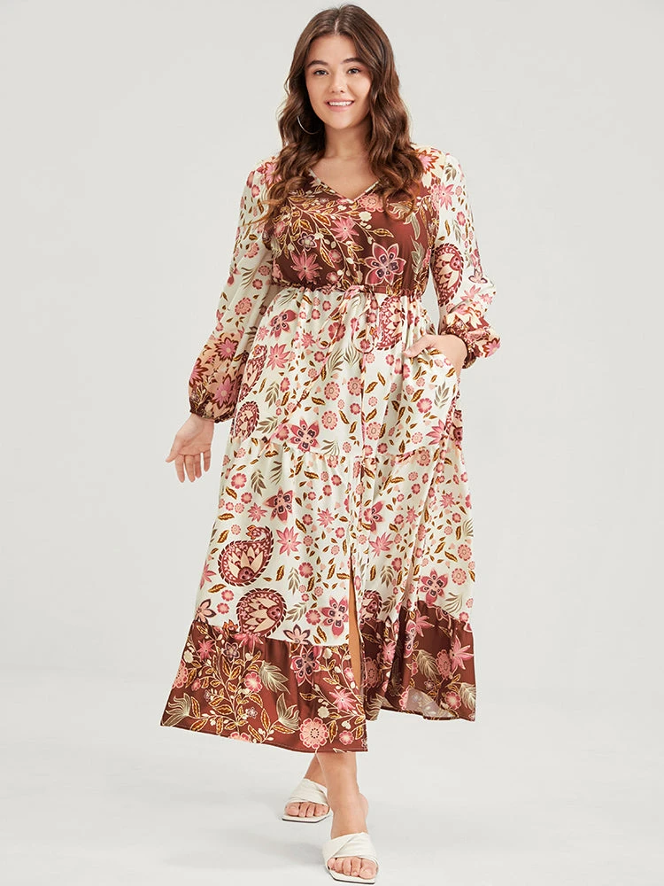 Floral Lantern Sleeve Pocket Split Tie Flutter Midi Dress 3 Floral Lantern Sleeve Pocket Split Tie Flutter Midi Dress