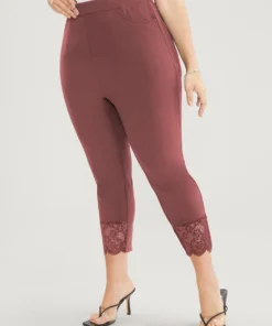 Solid Scalloped Trim Elastic Waist Pocket Lace Hem Pants -Clothing Shop 500948567 ch