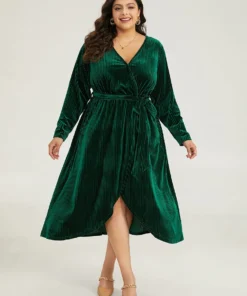 Velvet Rib Knit Wrap Hem Pocket Belted Dress