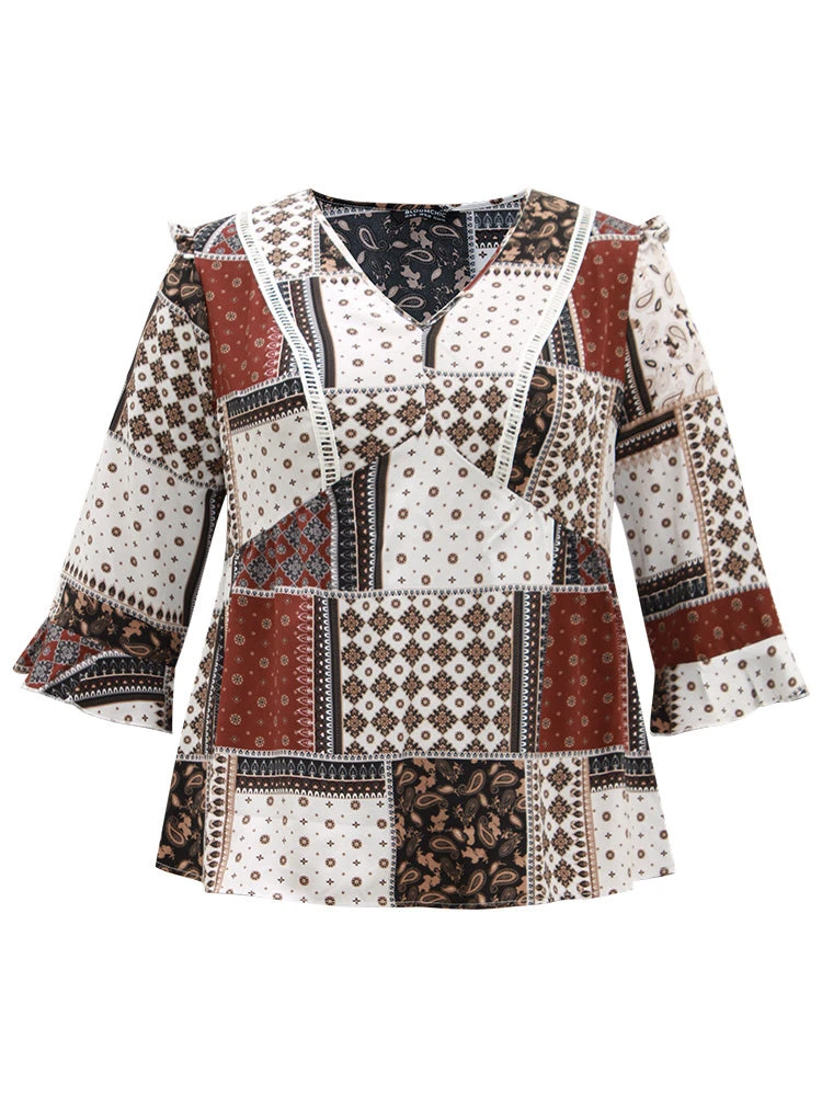 Moroccan Print Lace Panel Ruffles Frill Trim Blouse 9 Moroccan Print Lace Panel Ruffles Frill Trim Blouse - Image 7