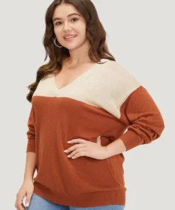 Supersoft Essentials Colorblock Two Tone Patchwork V Neck Pullover -Clothing Shop 503824484 dt d4fd6c05 557b 4ec7 8b15 371f8930eac5