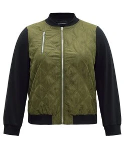 Contrast Patchwork Quilted Zipper Bomber Jacket -Clothing Shop 503849150 vx