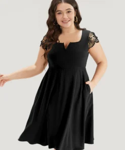 Solid Notched Pocket Cut Out Patchwork Dress -Clothing Shop 504239631 kt