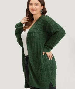 Plain Geometric Eyelet Cable Knit Tunic Cardigan -Clothing Shop 504281796 we