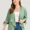 Anti-Wrinkle Solid Open Front Knot Sleeve Waterfall Collar Blazer