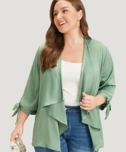 Anti-Wrinkle Solid Open Front Knot Sleeve Waterfall Collar Blazer