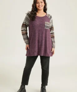 Striped Patchwork Pocket Raglan Sleeve T-shirt -Clothing Shop 504551957 fk