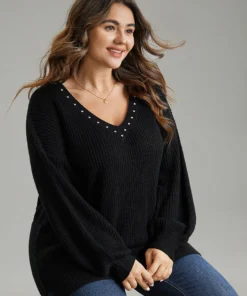 Rhinestone V Neck Drop Shoulder Pullover