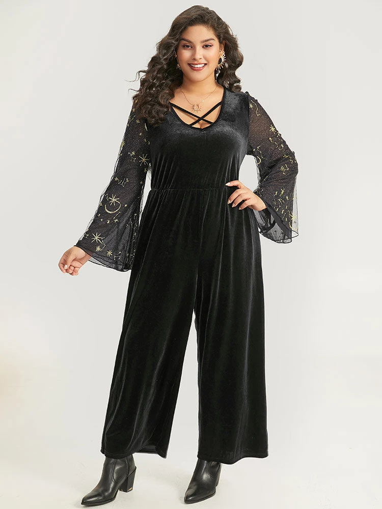 Halloween Moon & Star Glitter Mesh Crisscross Neck Jumpsuit 4 Halloween Moon & Star Glitter Mesh Crisscross Neck Jumpsuit - Image 2