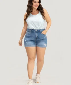 Skinny Very Stretchy Light Wash Roll Hem Distressed Denim Shorts -Clothing Shop 506743903 ss