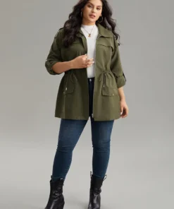 Solid Zipper Drawstring Tab Sleeve Trench Coat -Clothing Shop 507487191 qv