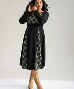 Christmas Plaid Patchwork Button Detail Dress -Clothing Shop 507501319 qx