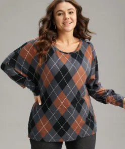 Plaid Contrast Round Neck Dolman Sleeve T-shirt -Clothing Shop 507532062 kx