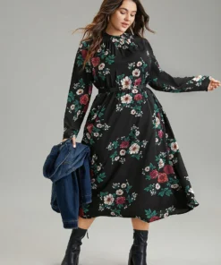 Floral Print Shirred Mock Neck Dress