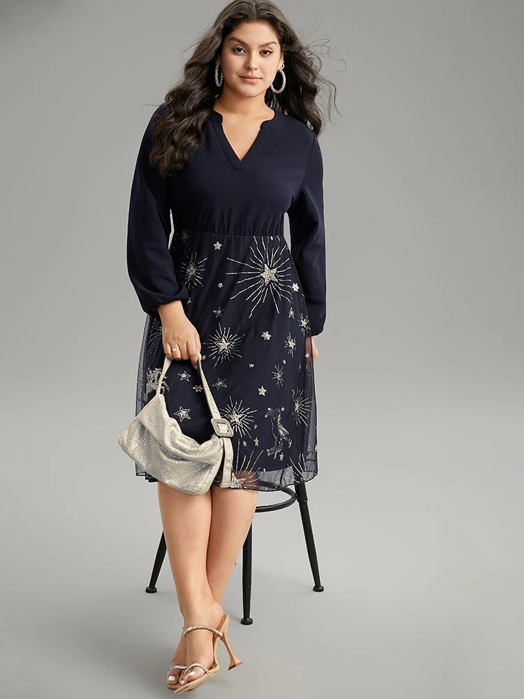 Star Glitter Mesh Patchwork Notched Dress 6 Star Glitter Mesh Patchwork Notched Dress - Image 4