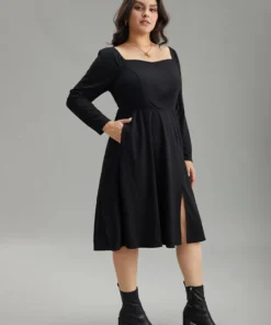 Rib Knit Split Side Square Neck Dress -Clothing Shop 50847439 pp