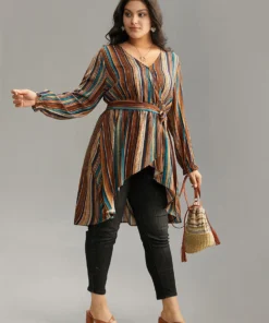 Striped Overlap Collar Arc Hem Belted Blouse -Clothing Shop 508475319 ku 63d1eb78 49b6 4c71 8a01 b46c54ef9b38