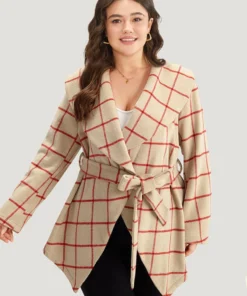 Halloween Plaid Belted Asymmetrical Hem Lapel Collar Coat -Clothing Shop 508558611 zn