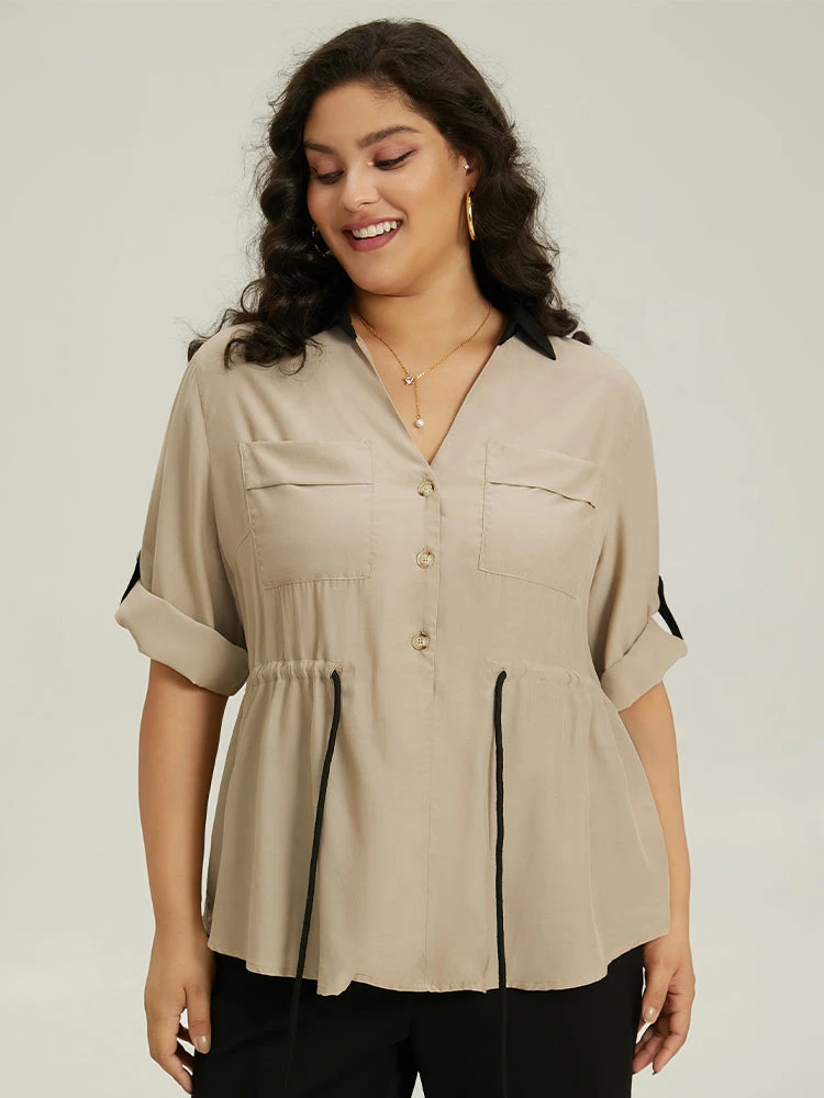 Contrast Drawstring Roll Tab Sleeve Patched Pocket Blouse 8 Contrast Drawstring Roll Tab Sleeve Patched Pocket Blouse - Image 6