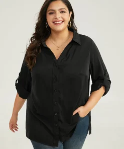 Anti-Wrinkle Plain Button Through Shirt Collar Tab Sleeve Blouse -Clothing Shop 509347158 ok 64c7d190 4f5b 4525 8cbd cc36fae48bbd