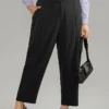 Plain Elastic Waist Pleated Button Detail Pants -Clothing Shop 50944317 aq