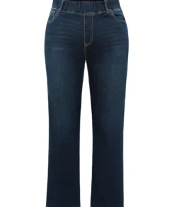 Solid Elastic Waist Pocket Full Length Jeans -Clothing Shop 509757778 xu