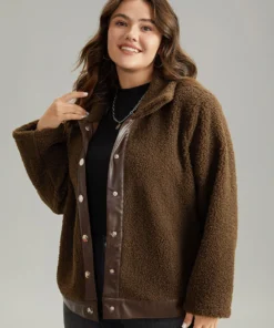 PU Leather Patchwork Metal Detail Teddy Jacket -Clothing Shop 509797929 rd