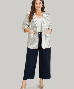 Striped Pocket Gathered Lapel Collar Blazer -Clothing Shop 510529511 rk