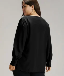 Anti-Wrinkle Solid Pleated Puff Sleeve Button Up Blouse -Clothing Shop 510564607 ov