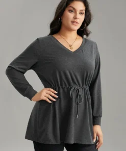 V Neck Plain Drawstring Knot Sweatshirt -Clothing Shop 510606693 kx