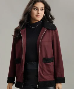 Fuzzy Trim Patched Pocket Zipper Jacket -Clothing Shop 510724407 mv