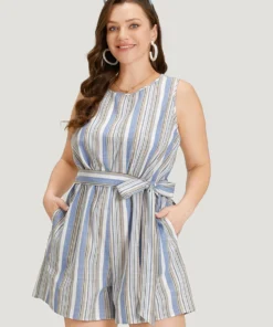 Striped Pocket Cut Out Knot Sleeveless Jumpsuit