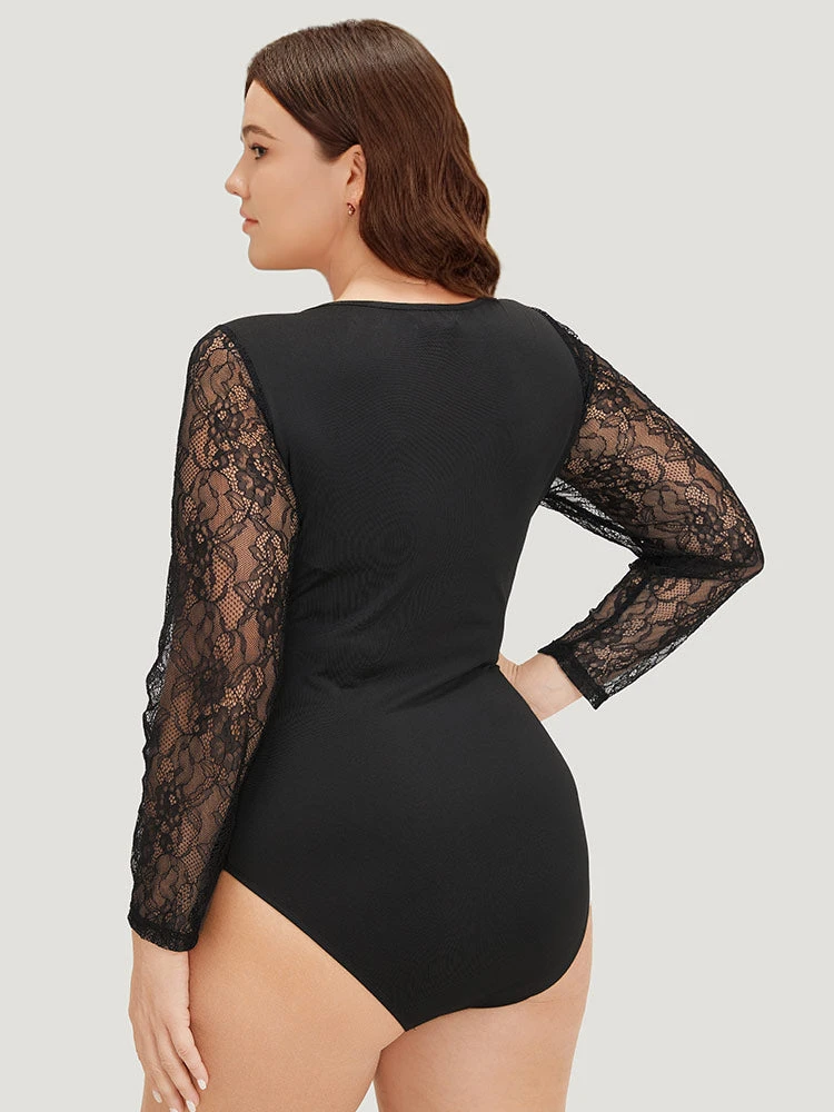 Plain Lace Mesh Patchwork Crisscross Bodysuit 4 Plain Lace Mesh Patchwork Crisscross Bodysuit - Image 2