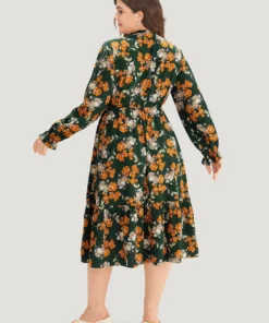 Floral Print Pocket Frill Trim Ruffle Dress -Clothing Shop 511559740 gx