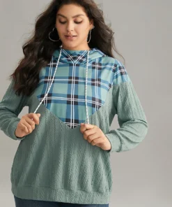 Plaid Patchwork Contrast Texture Hooded Sweatshirt -Clothing Shop 511704130 zb