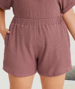 Plain Waffle Knit Sleep Elastic Waist Shorts