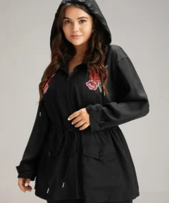 Floral Embroidered Elastic Waist Hooded Drawstring Coat