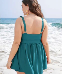 Ruffle Trim Adjustable Straps Gathered Sculpt Waist Swim Dress -Clothing Shop 512394643 nd