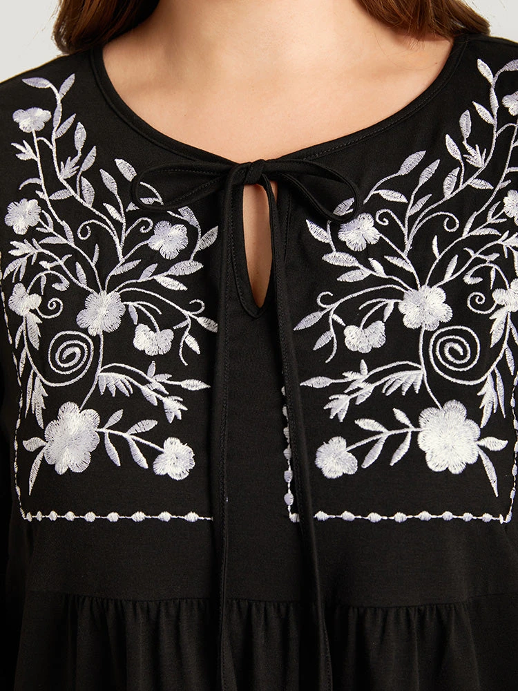 Floral Embroidered Knot Neck Lantern Sleeve T-shirt 9 Floral Embroidered Knot Neck Lantern Sleeve T-shirt - Image 7