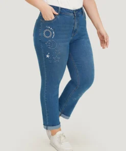 Very Stretchy High Rise Moon & Star Embroidered Jeans