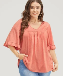 Solid Gathered Ruffle Trim Flounce Sleeve T-shirt