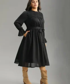 Plain Pleated Stand Collar Shirred Ruffles Dress -Clothing Shop 513962199 iz