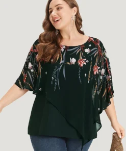 Floral Print Crochet Mesh Asymmetrical Batwing Sleeve Blouse 37 Floral Print Crochet Mesh Asymmetrical Batwing Sleeve Blouse -Clothing Shop 514600689 bo