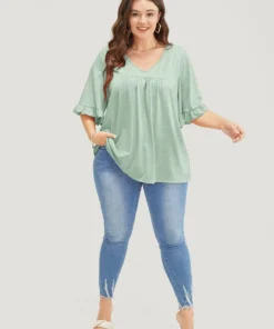 Solid Gathered Ruffle Trim Flounce Sleeve T-shirt -Clothing Shop 514611056 qr 4ad8906a 5115 4fea a56f 816152681a67